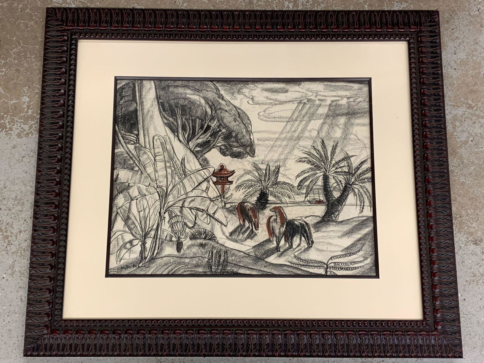 Andre Mare. Charcoal on Paper, Landscape: Andre Mare (French, 1885-1932). A charcoal on paper landscape with palms and animals. Signed lower left. Framed and matted. Mat opening: 19in x 24-3/4in.