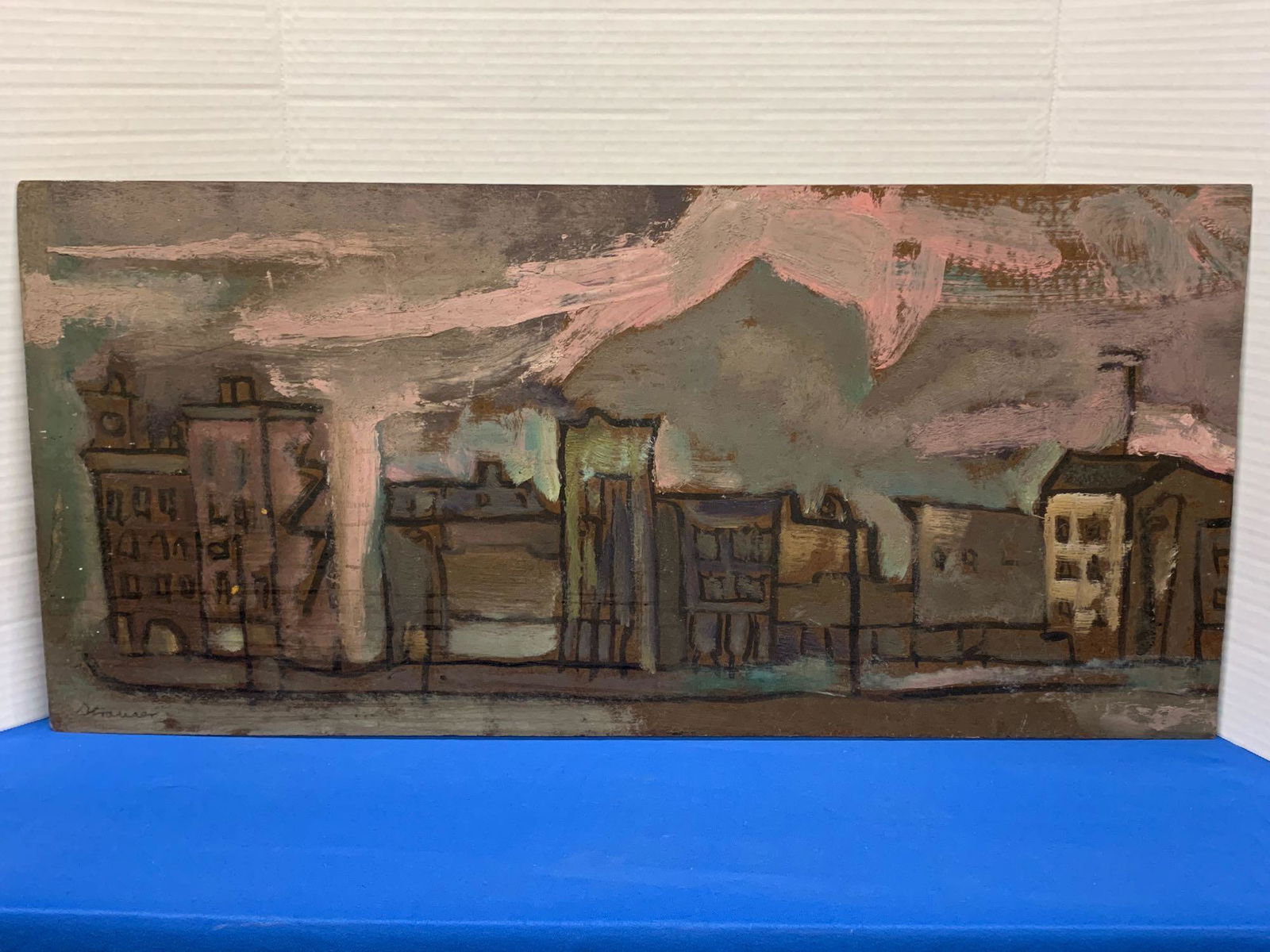 Sterling Strauser. Oil/Panel, Downtown Stroudsburg: Sterling Strauser (Pennsylvania, 1907-1995). An oil on masonite panel depicting downtown Stroudsburg at dusk, circa 1957. Signed lower left. Unframed. 16in x 34in.