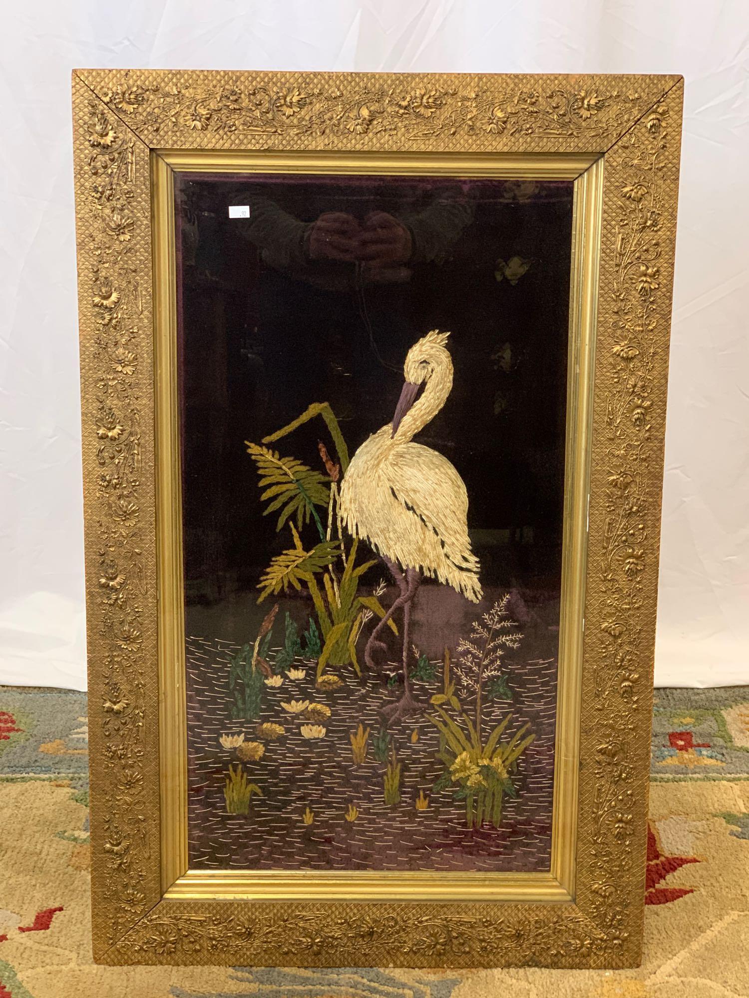Victorian Framed Crane Embroidered Panel (1 of 3)