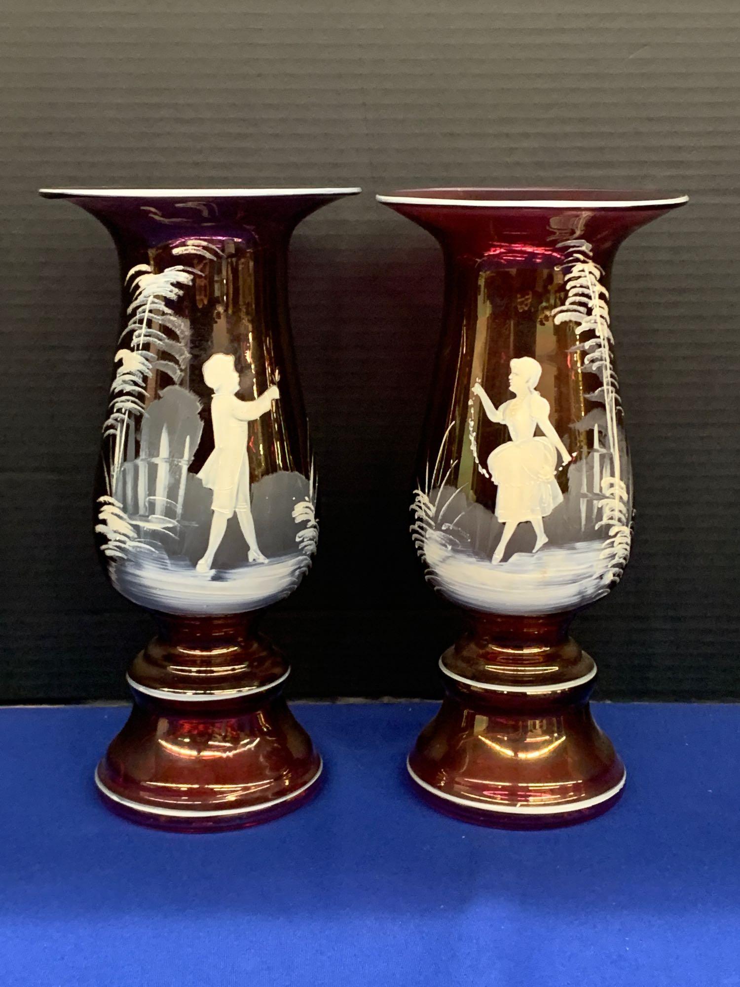 Pair of Mary Gregory Cranberry Art Glass Vases (1 of 6)