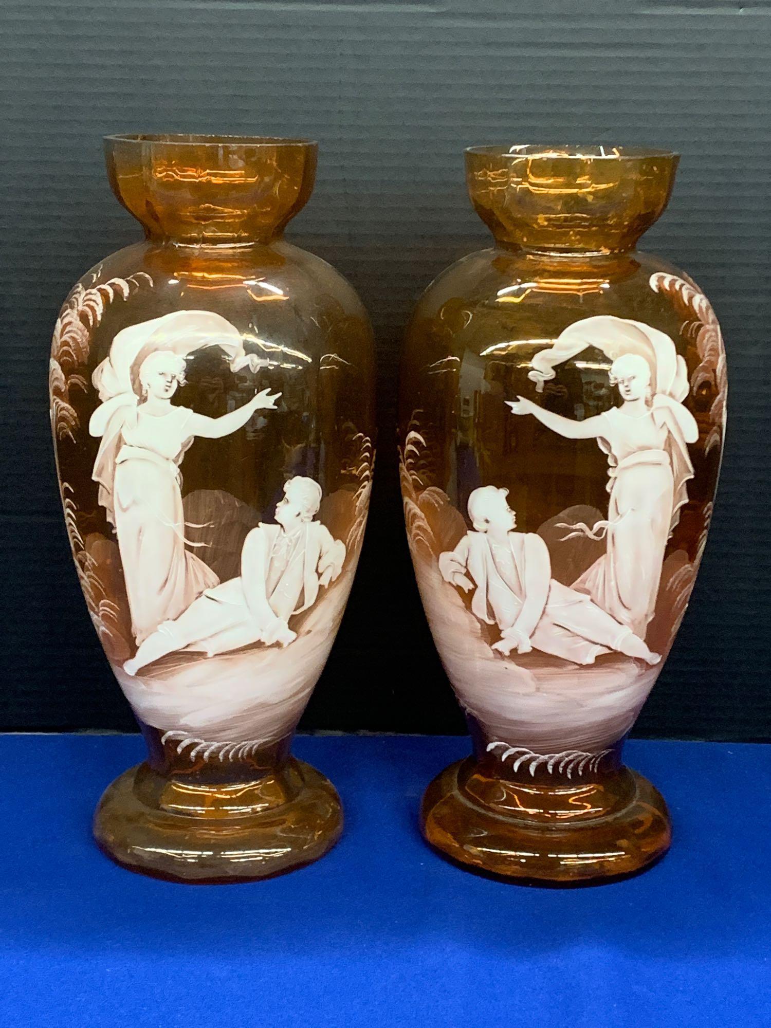 Pair of Mary Gregory Orange Glass Vases (1 of 6)