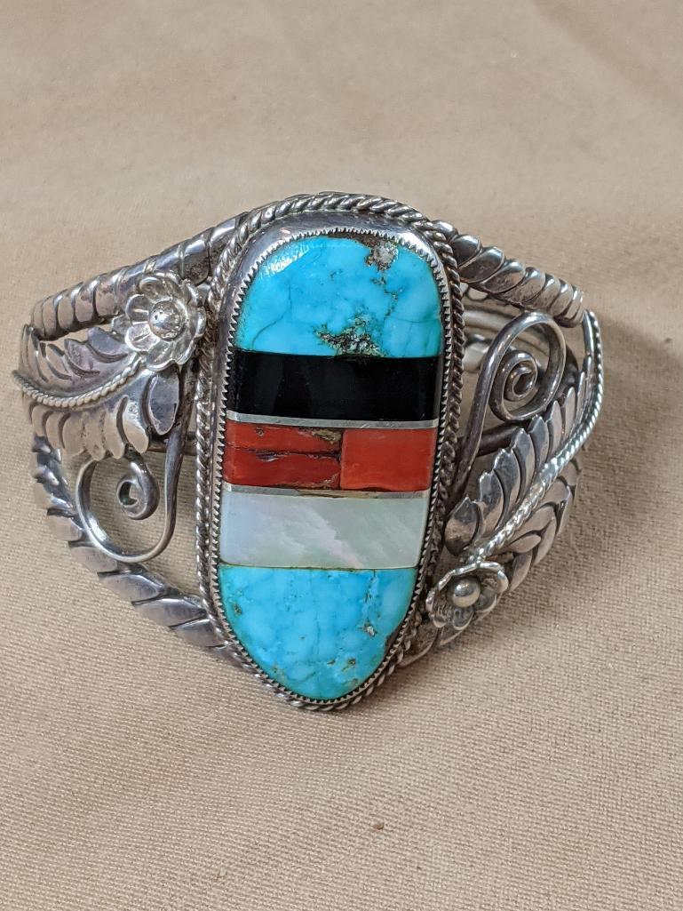 Southwestern Silver Cuff Bracelet with Leaf Motif (1 of 3)