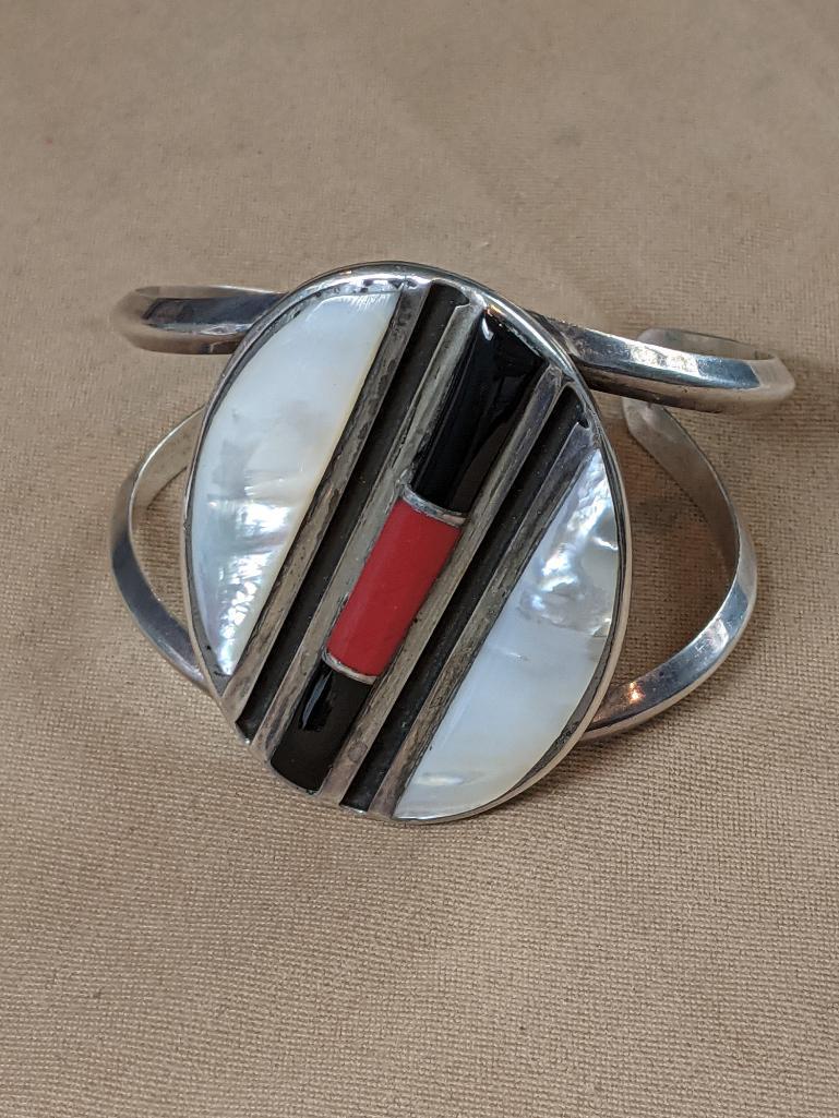 Inlaid Southwestern Silver Cuff Bracelet (1 of 3)