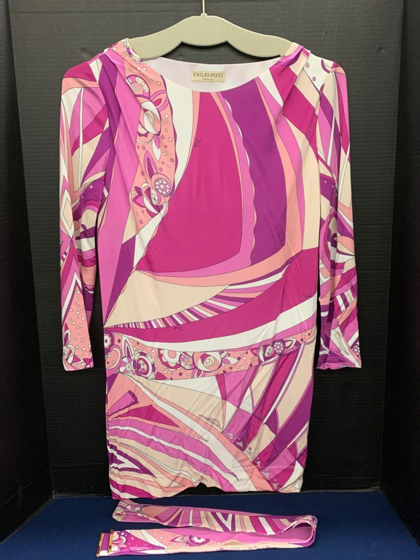Emilio Pucci Belted Tunic Blouse: An Emilio Pucci ladies belted tunic blouse with Pucci label, but no size label; most likely size small/x-small. Width at shoulder seams: apx. 17-1/2in. Width at bust: apx. 16in. Length: apx. 30-1/2in.