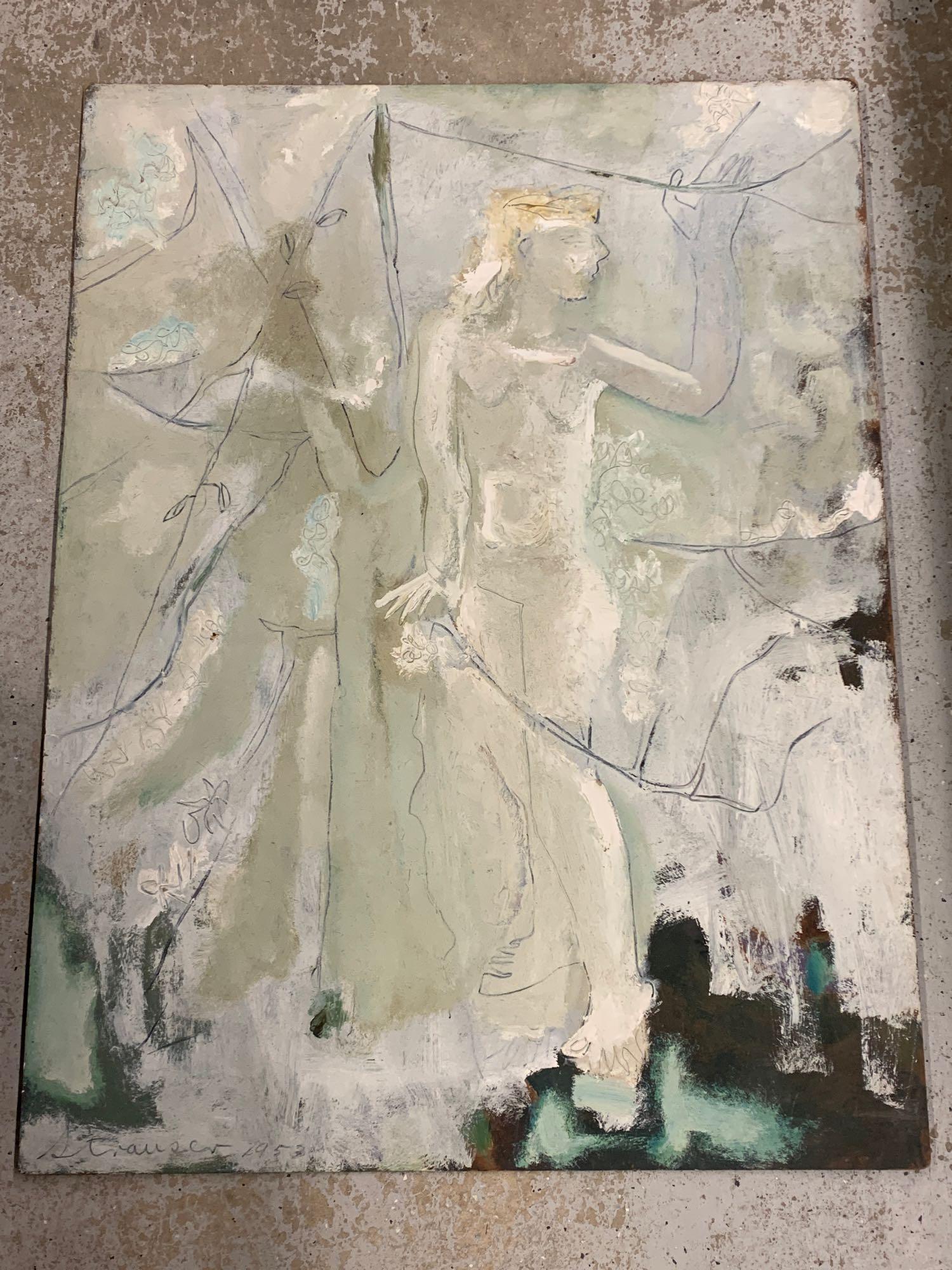 Sterling Strauser. Oil/Masonite. Nude Among Vines: Sterling Strauser (Pennsylvania, 1907-1995). A large-format oil on masonite panel depicting a nude among vines. Signed lower left and dated 1953. 48in x 36in.