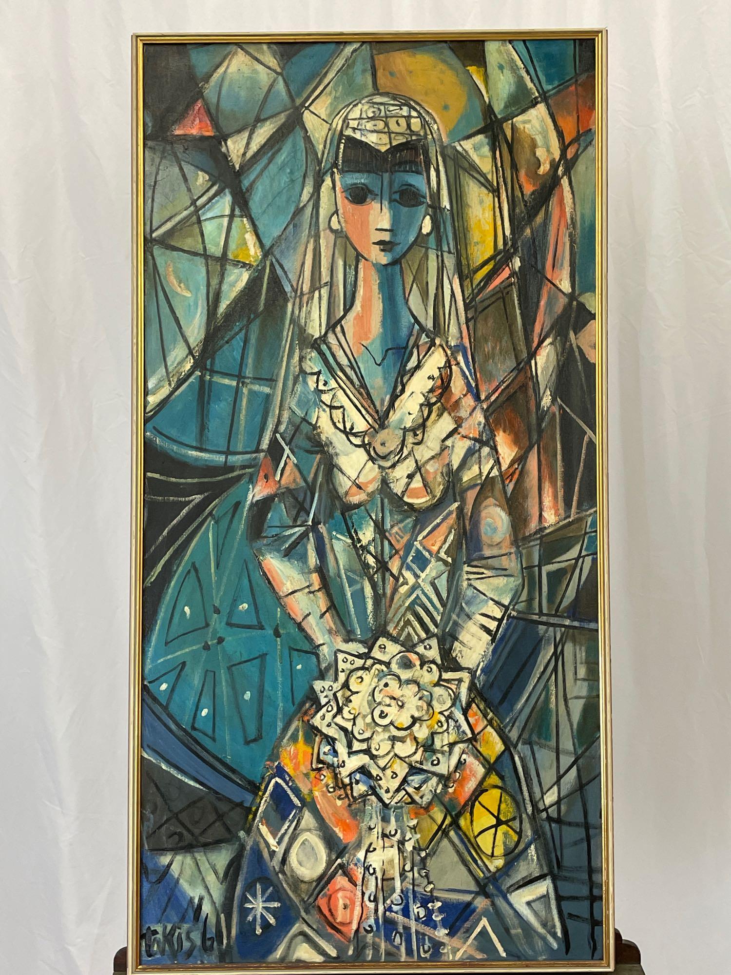 Nicholas Takis. Oil on Canvas, Bride: Nicholas Takis (American, 1903-1965). An oil on canvas abstract portrait of a bride. Signed lower left and dated 61. Signed and titled verso. Canvas: 48in x 24in.