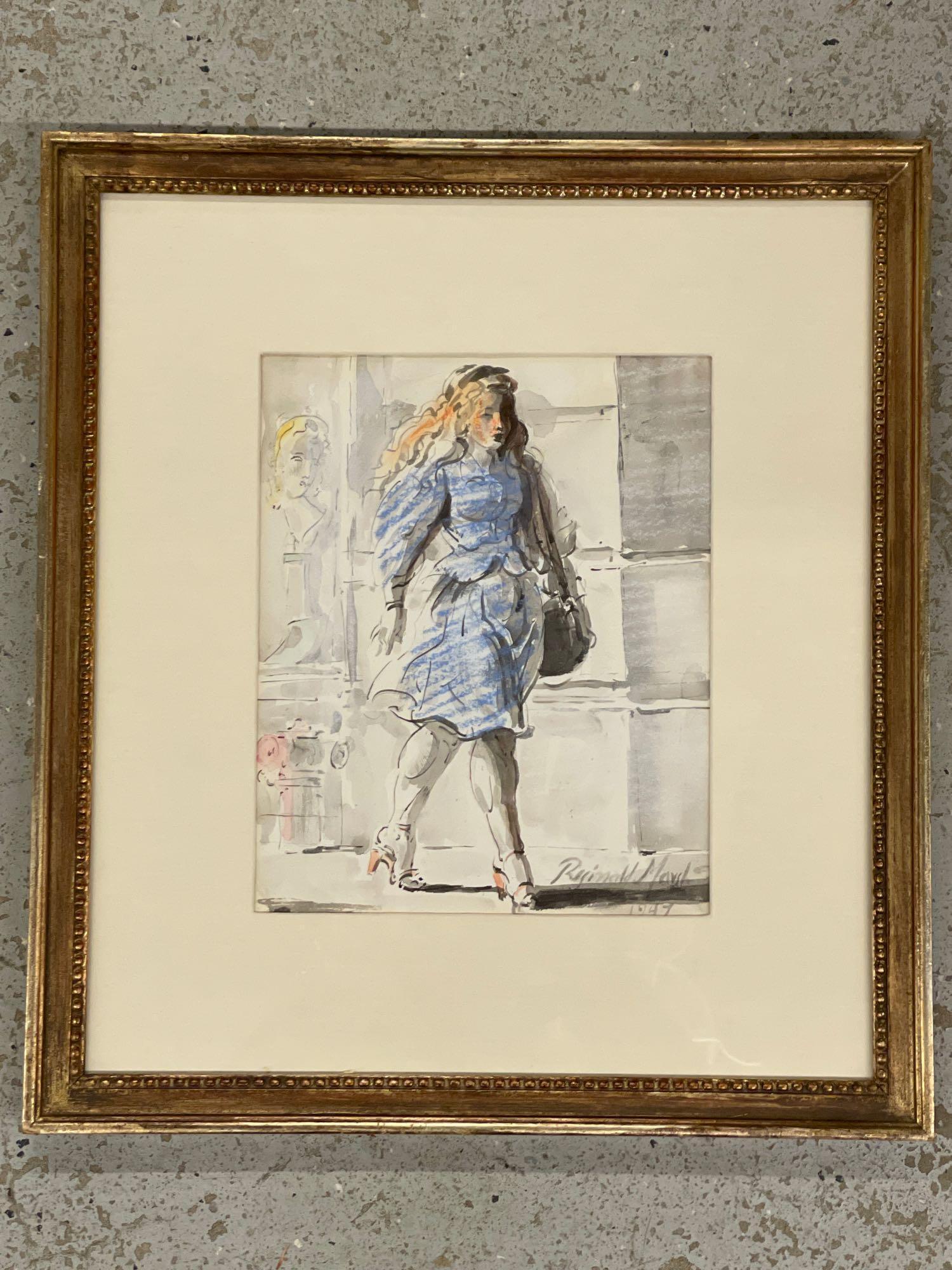 Reginald Marsh. Watercolor, Blue Dress: Reginald Marsh (American, 1898-1964). A watercolor and Chinese ink on paper of a woman walking in New York City. Signed lower right and dated 1947. Framed under glass with Nardin Fine Arts gallery tag