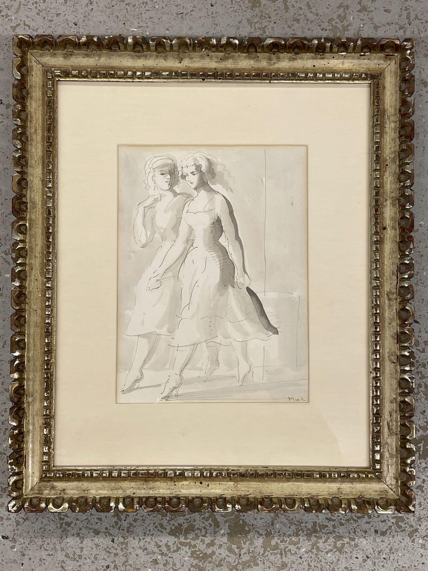 Reginald Marsh. Ink Drawing, Two Women Walking: Reginald Marsh (American, 1898-1963). An ink on paper drawing of two women walking in New York City. Signed lower right and framed under glass with Nardin Fine Arts gallery label verso. Mat opening: 9