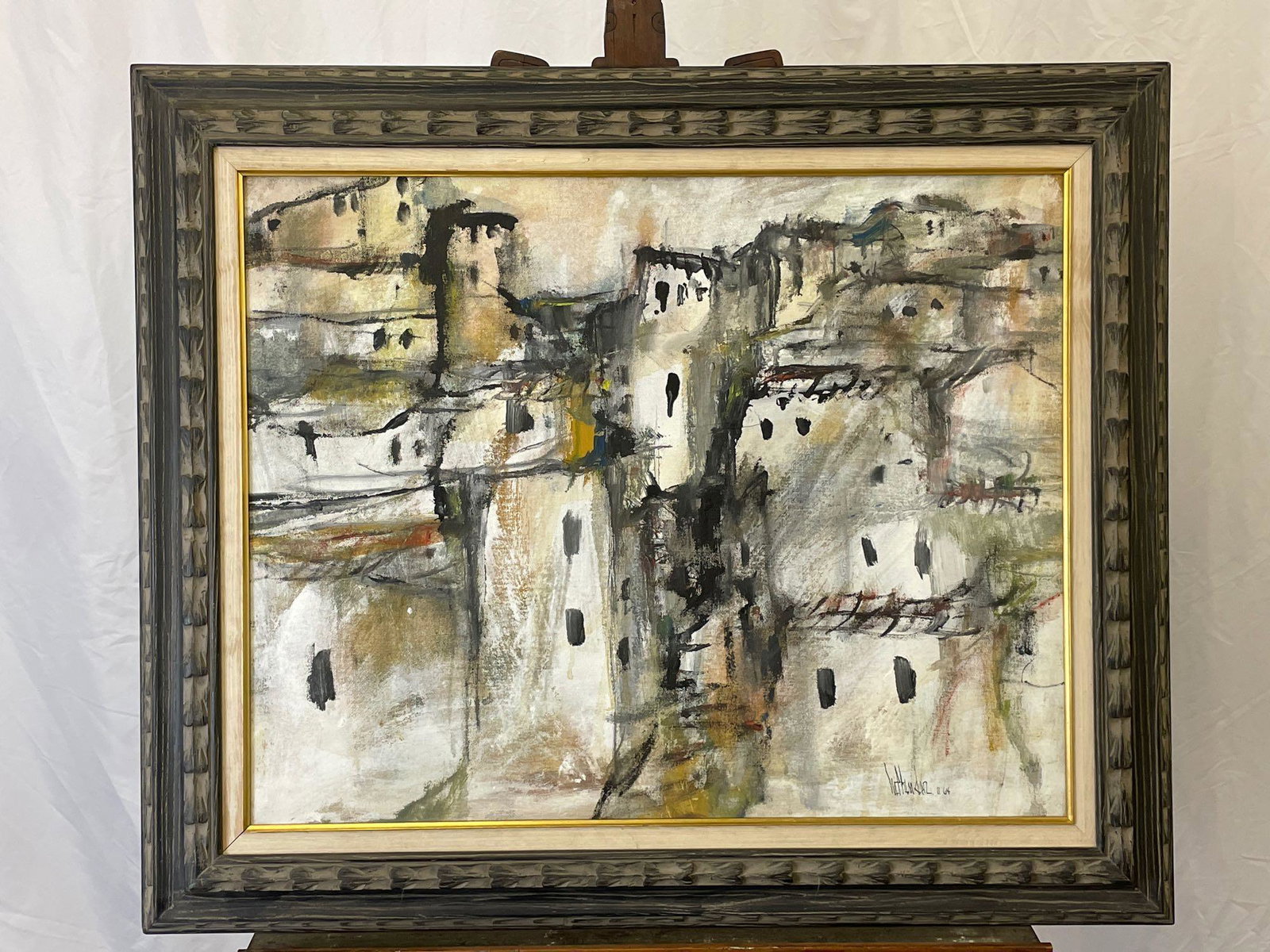 Gino Hollander. Oil on Canvas, Village Landscape: Gino Hollander (1924-2009). An oil on canvas depicting an abstract village landscape. Signed lower right and dated 64. Canvas: 23in x 29in. Provenance: From the estate of Geraldine Shapiro, New York.