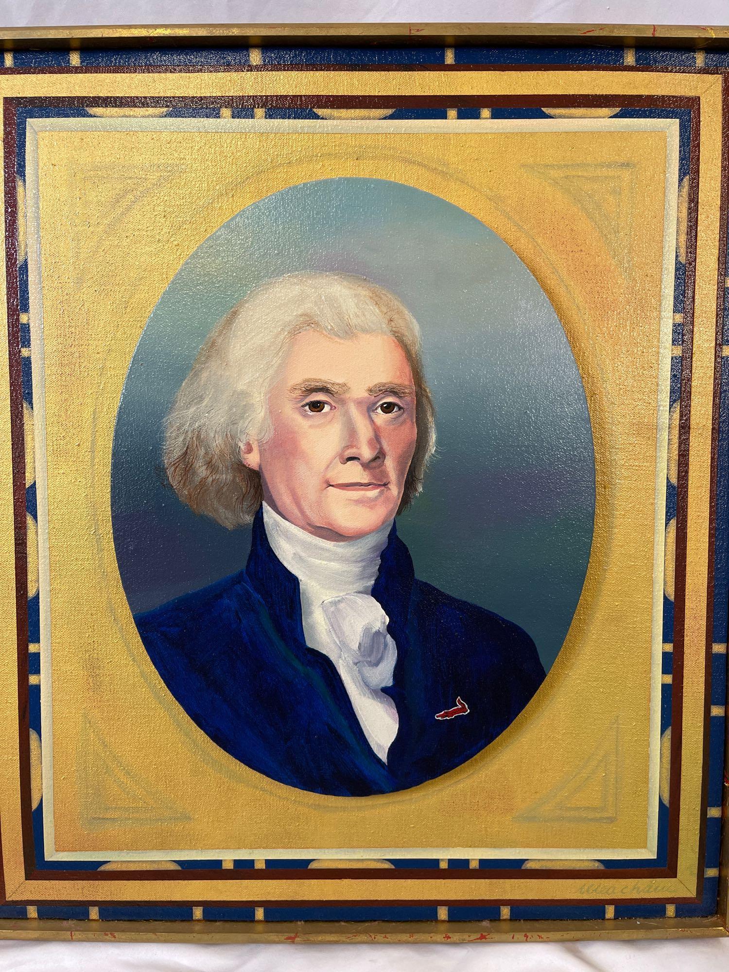 Annabelle Meacham. Acrylic/Canvas, T. Jefferson: Annabelle Meacham (American, 20th C.). An acrylic on canvas titled "The Biddle Thomas Jefferson". Signed lower right corner. Framed. Canvas: 20 x 17in.