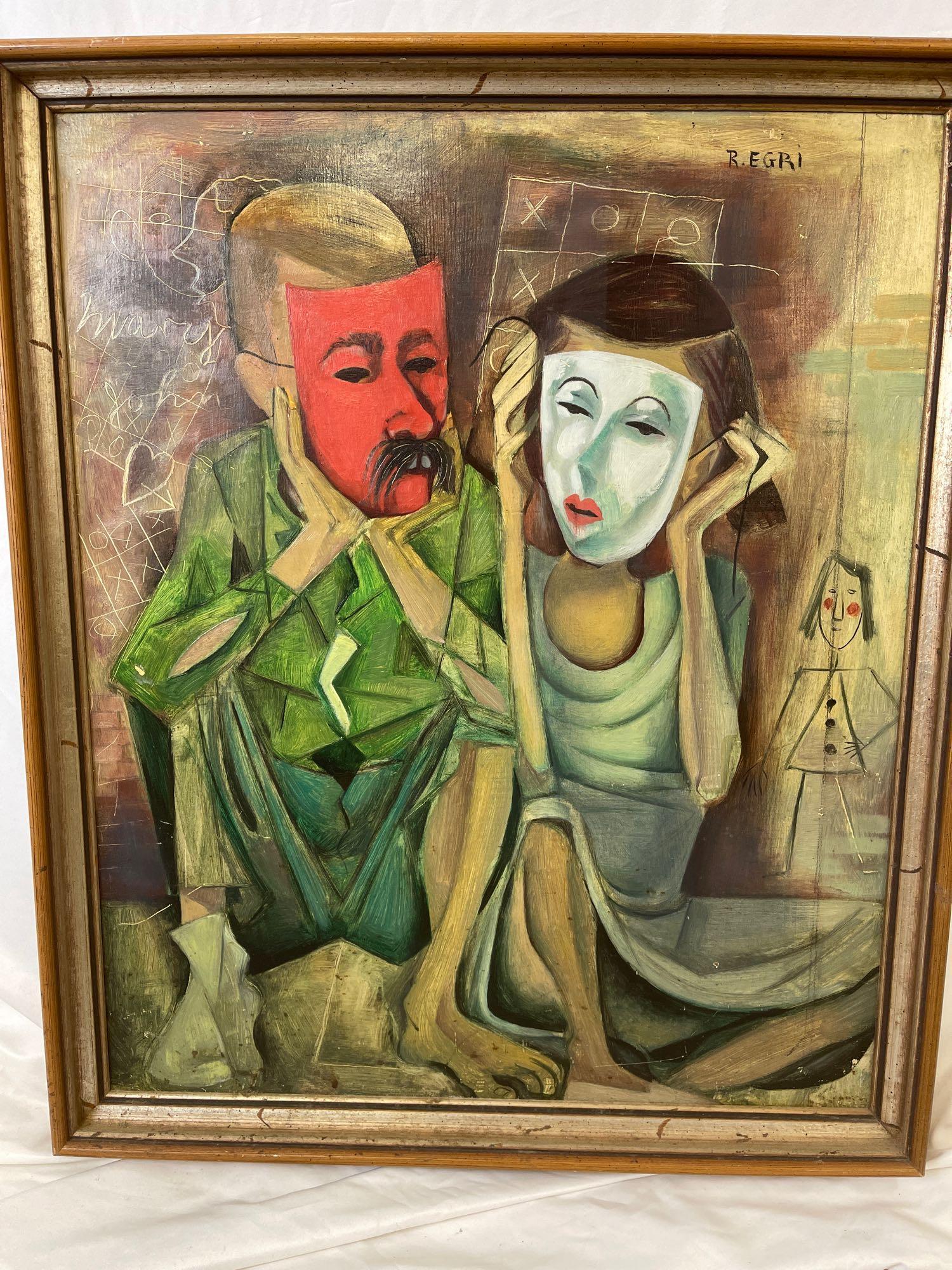 Ruth Egri. Acrylic/Canvas, Halloween: Ruth Egri (American, 1911-1996). A framed acrylic on canvas depicting masked figures. Signed upper right. Frame opening: 23.5 x 19.5in.
