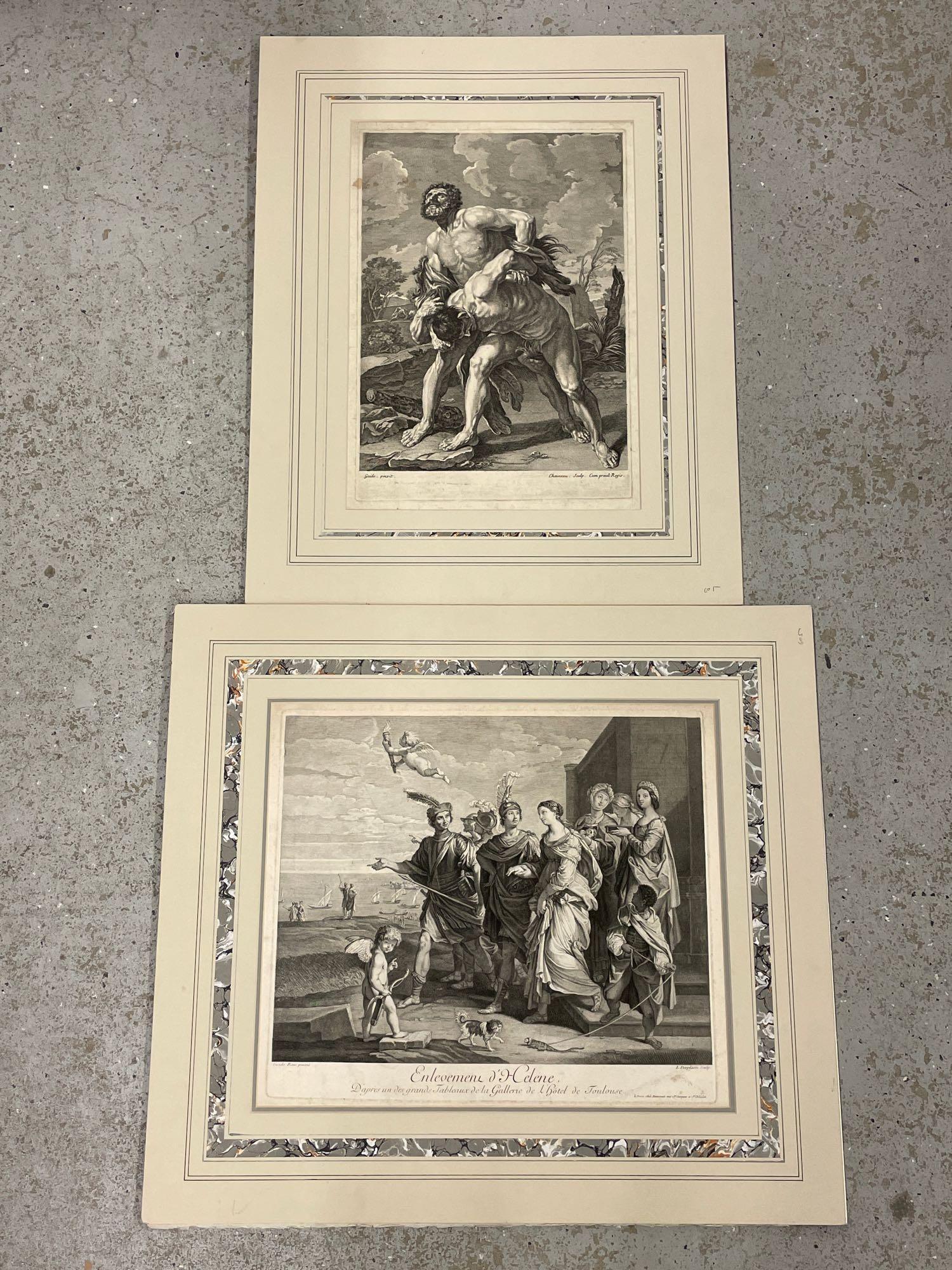 Two After Guido Reni Engravings: Two early engravings after Guido Reni to include "Hercules and the Hydra" by Francois Chauveau and "Enlevemens d'Helene" by Louis Desplaces. Both unframed but matted. Larger sheet: 16-1/4in x 20-1/2in