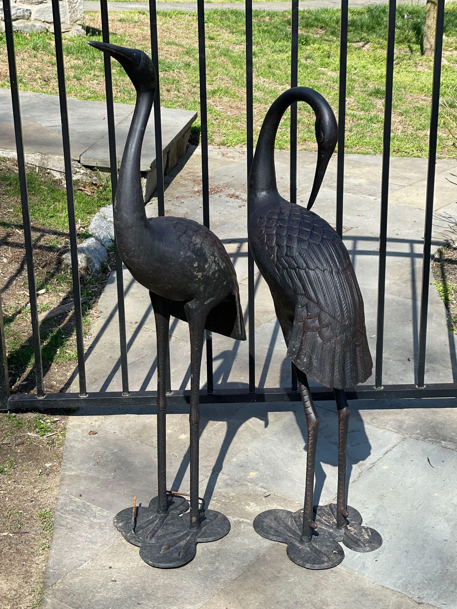 Pair of Cast Metal Garden Crane Sculptures (1 of 4)
