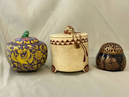 Grouping of Three Censors: A grouping of three censors or incense burners to include one decorated with roosters on a purple background, a Ninsei signed Japanese censor, and a lacquered censor. Tallest: 4in tall.