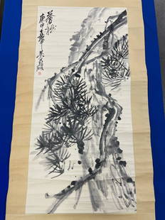 Scroll Painting of a Pine Tree: An ink on paper scroll painting depicting a pine tree, and marked with calligraphy and red seal upper left. Image: 36-1/2in x 17in. Entire scroll: 72in x 23in.