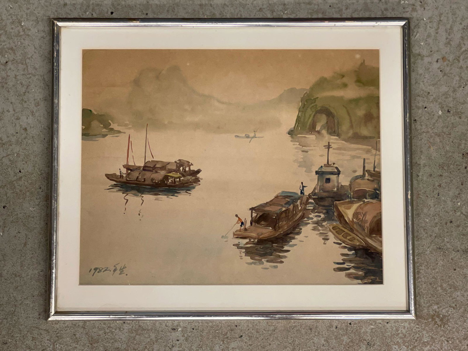 Chinese Watercolor Landscape with Boats (1 of 4)