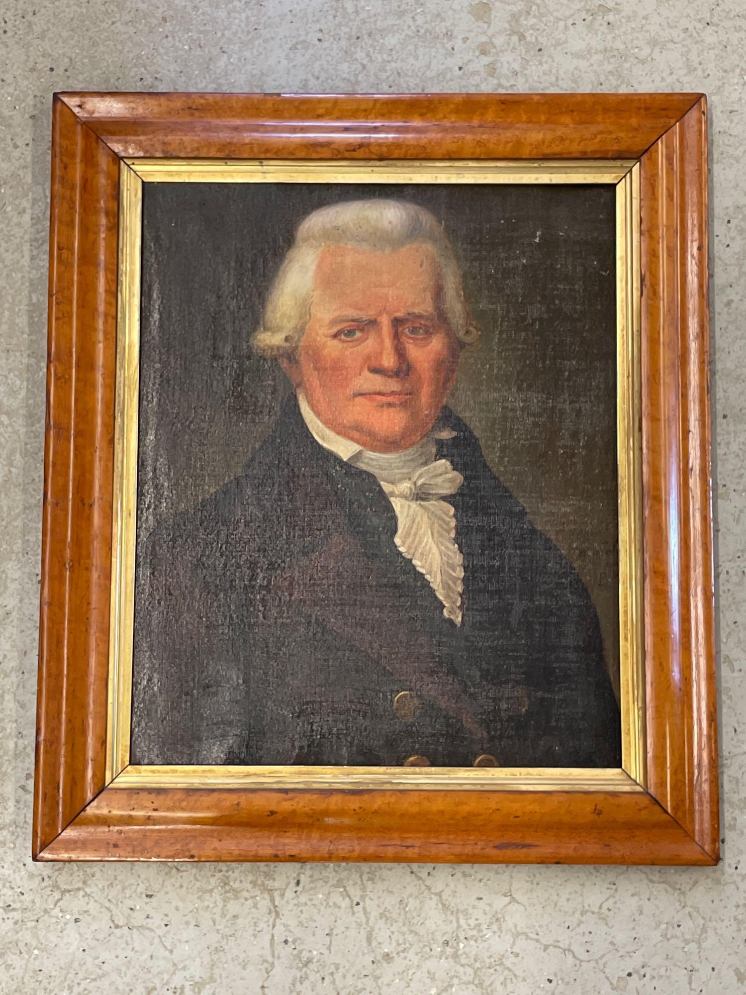 Circa 1812 Oil/Canvas, Portrait of a Gentleman: An oil on canvas portrait of a gentleman. Signed middle-right illegibly with notations and dated 1813. In an antique maple and gilt frame. Canvas: 21-3/4in x 18in.