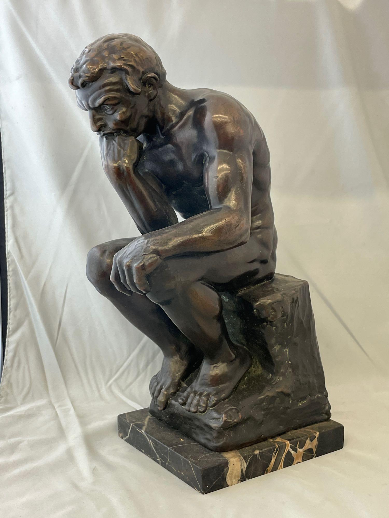 Bronze Sculpture, The Thinker: After Auguste Rodin (French, 1840-1917). A cast bronze sculpture of "The Thinker". Unsigned, on a marble base. 14-1/2in tall x 7-1/2in wide x 6in deep. Provenance: From the Ivo Ispani Estate Collectio