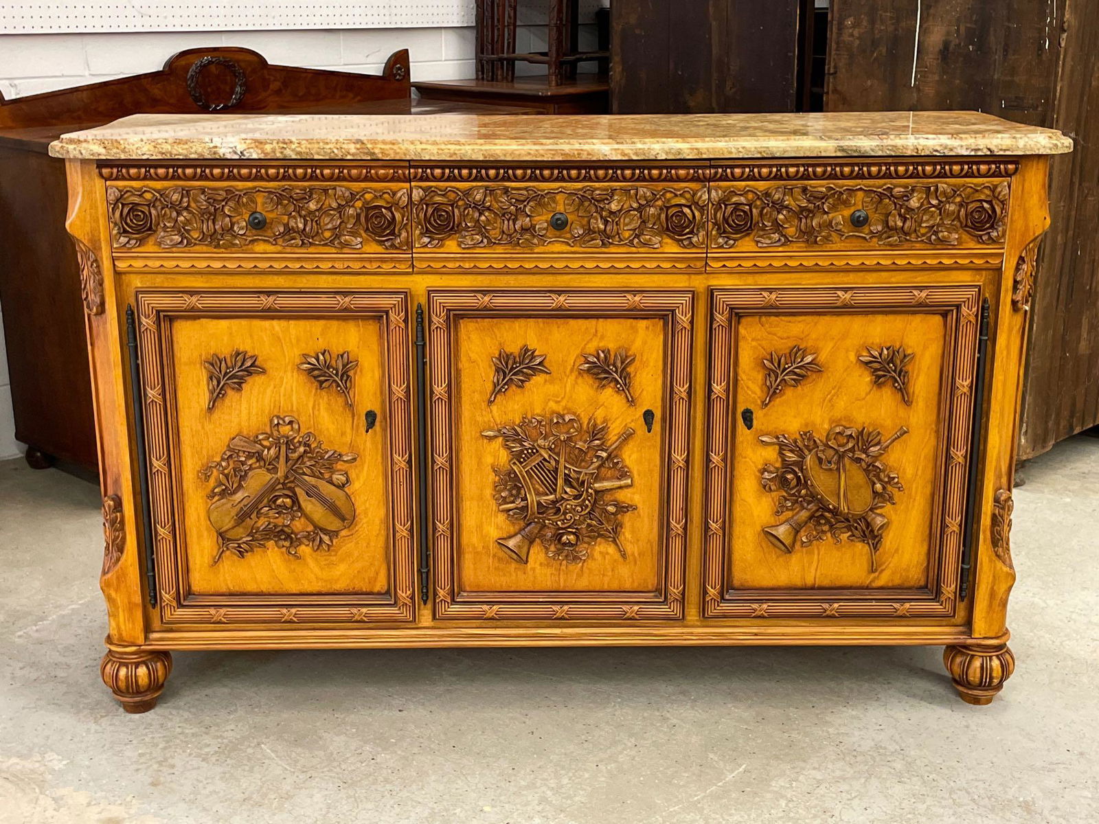 Renaissance-style Carved Sideboard with Stone Top (1 of 7)