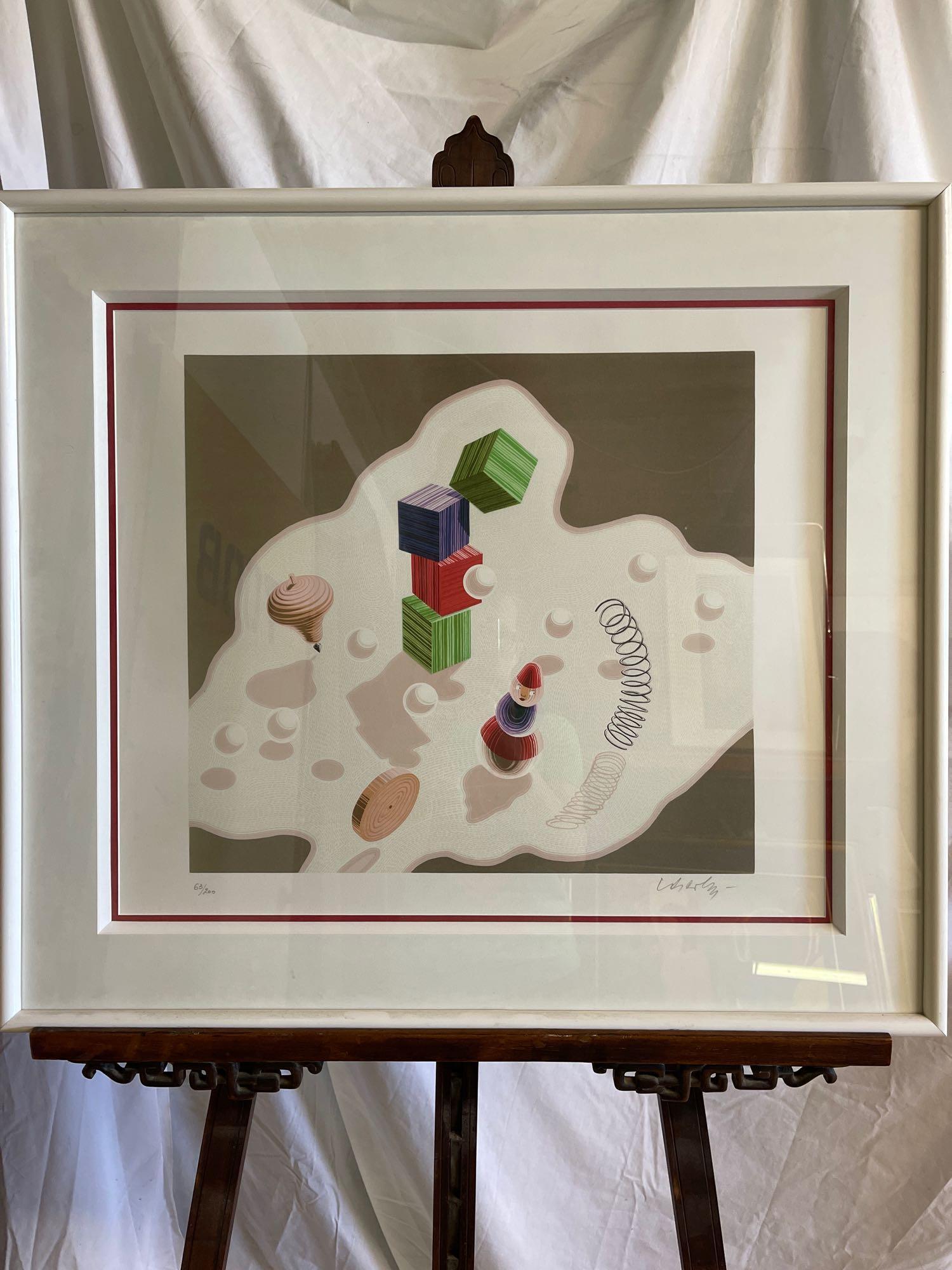 Victor Vasarely. Lithograph, Jack In the Box: Victor Vasarely (France/ Hungary 1906-1997) A framed lithograph on paper, titled "Jack in the Box". Pencil-signed lower right and numbered 63/200. Image size: 24 x 21in.