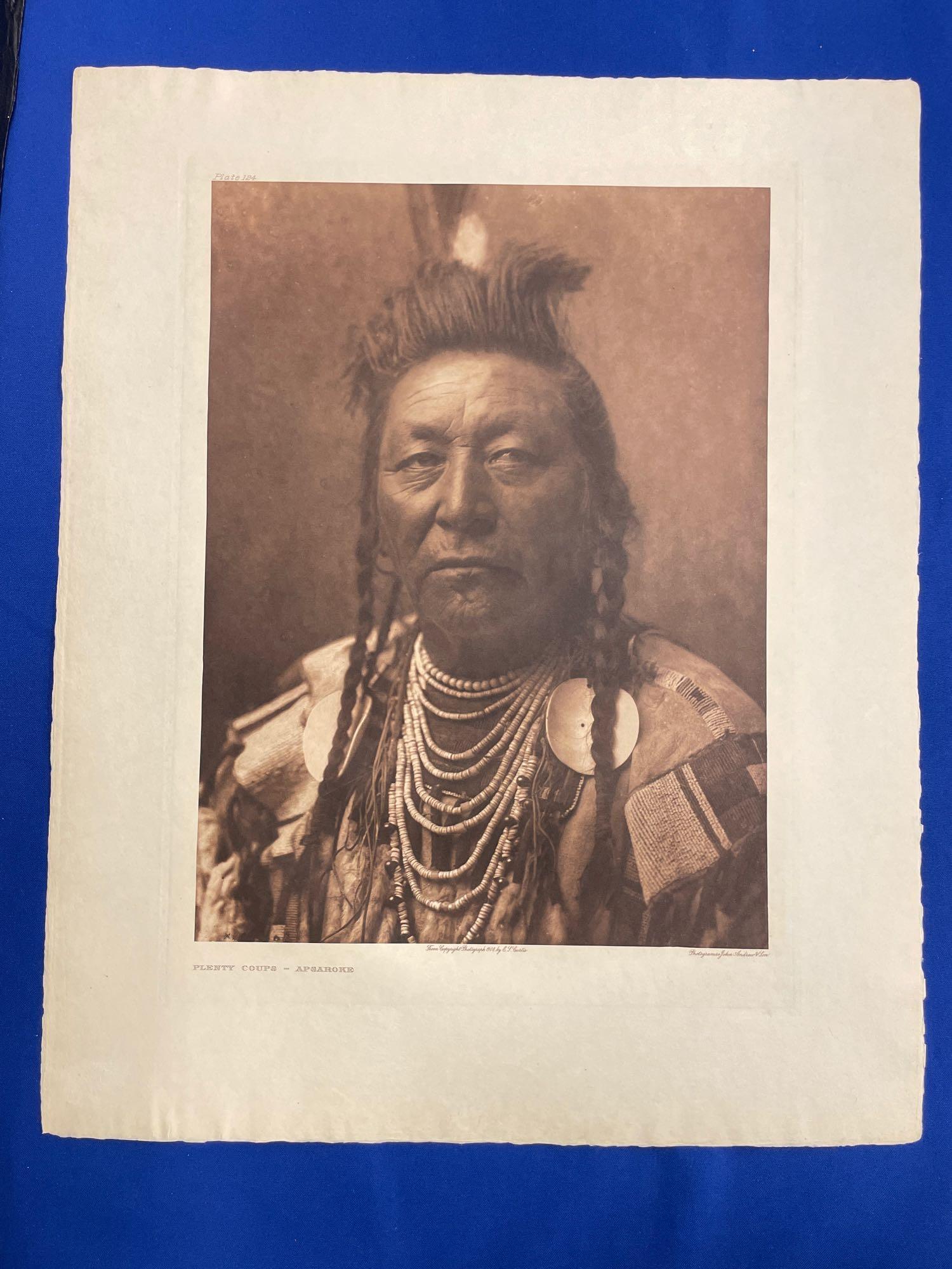 Edward Curtis. Photogravure, Plenty Coups: Edward Curtis (American, 1868-1952). An original portfolio-size photogravure titled "Plenty Coups â€“ Apsaroke", plate 124 from Portfolio number 9, circa 1912, from the 272 subscriber sets of "Th