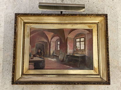 Ellsworth Woodward. O/C, Interior Genre Scene: Ellsworth Woodward (American, 1861-1939). An oil on canvas interior scene depicting an elderly woman seated at a table. Signed lower middle and gilt framed. Canvas: 12in x 18-1/4in.