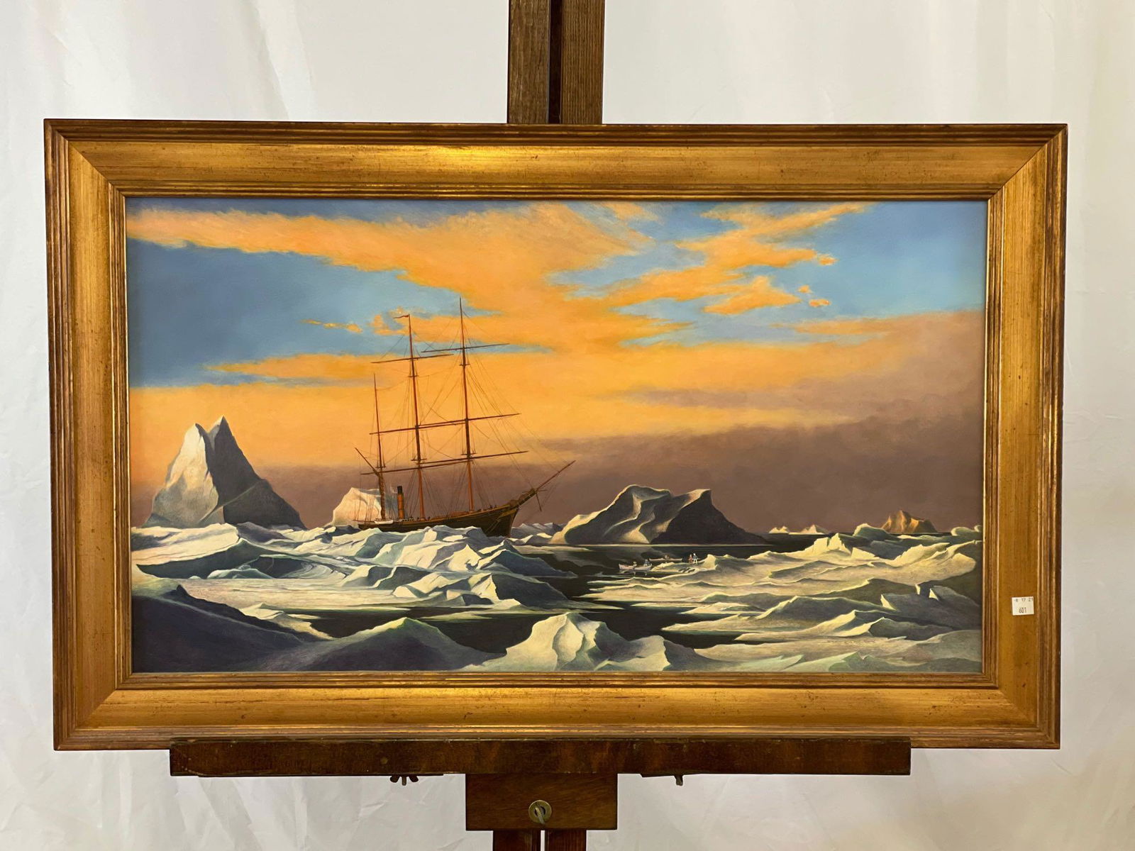 Scott Cameron. Oil/Canvas, Ice Anchorage: Scott Cameron (American, 1946-). An oil on canvas maritime portrait of a tall ship in the Arctic, titled "Ice Anchorage". Influenced by William Bradford. Signed lower right. Also signed and titled ver