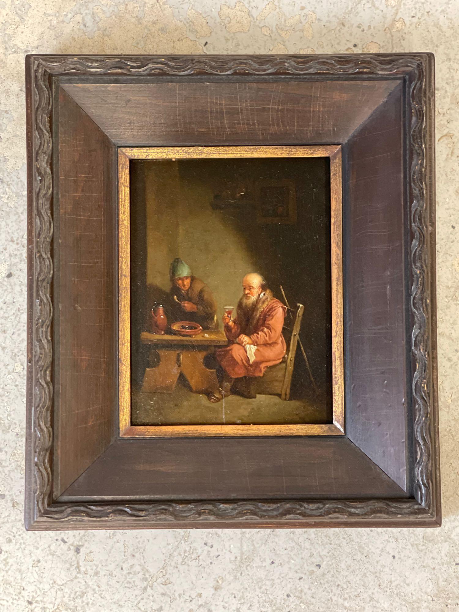Antique Oil/ Panel, Interior Tavern Scene (1 of 3)