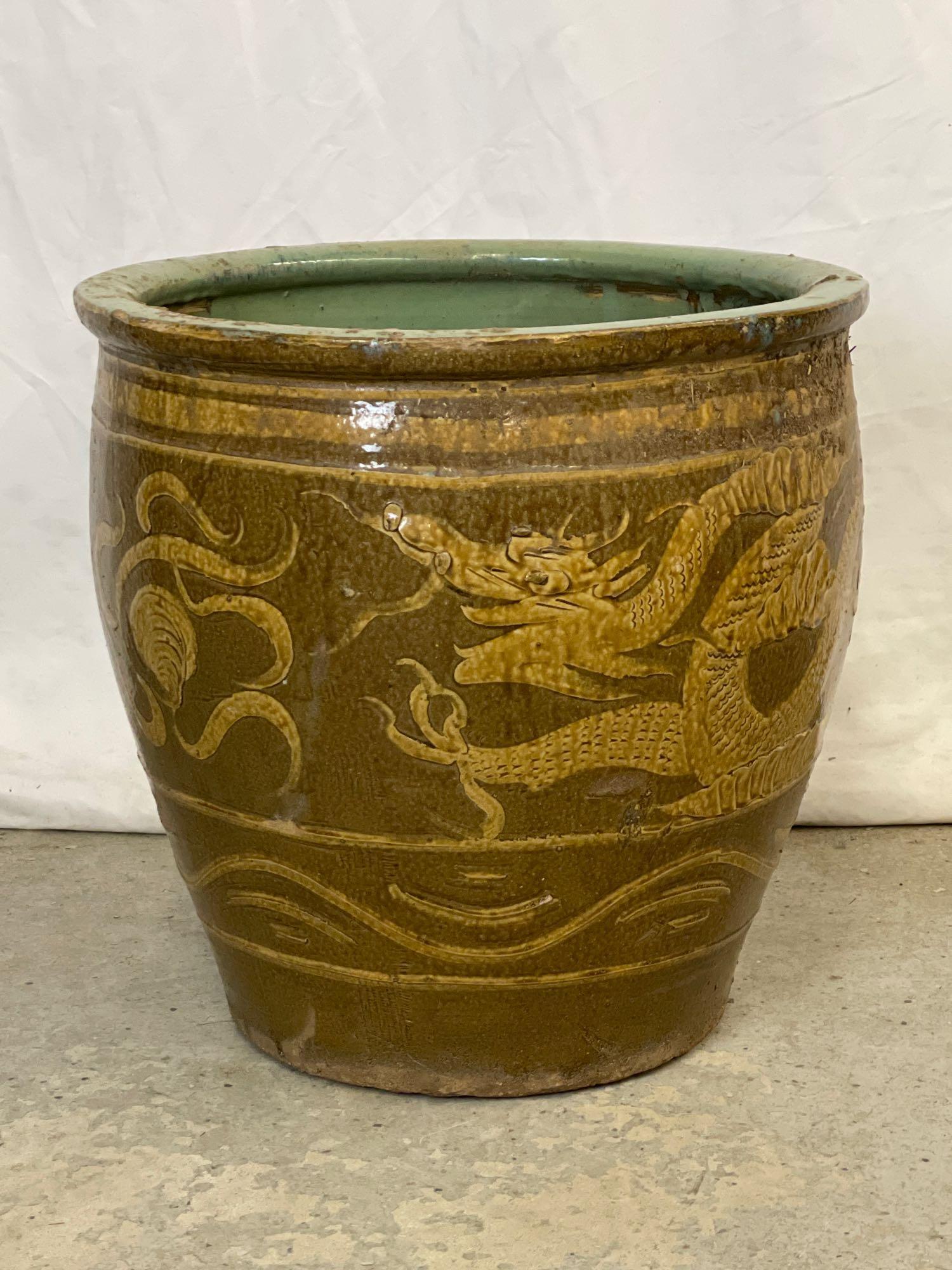 Asian Dragon Decorated Pottery Jardiniere (1 of 5)
