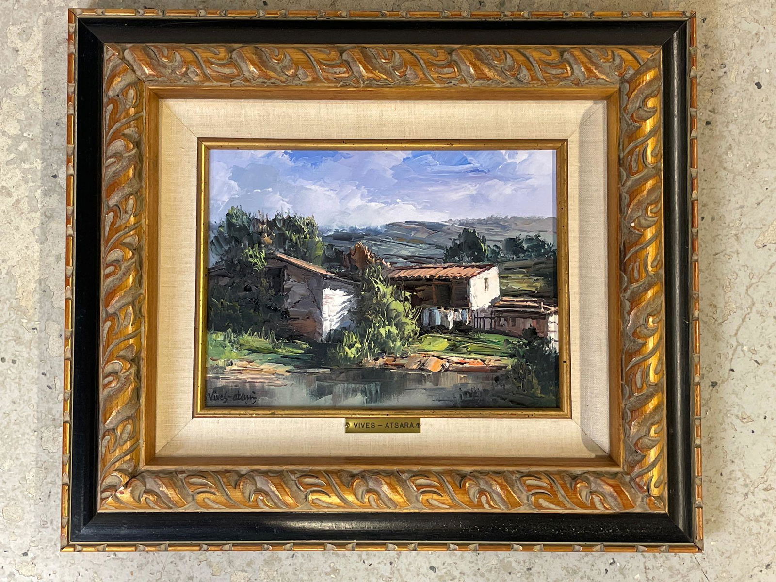 Jose Vives-Atsara. Oil/Canvas, Houses on the Hills: Jose Vives Atsara (Spanish/American, 1919-2004). An oil on canvas landscape titled "Houses on the Hills, Catalonia, Spain". Signed lower left and signed and titled verso. Canvas: 9in x 12in.
