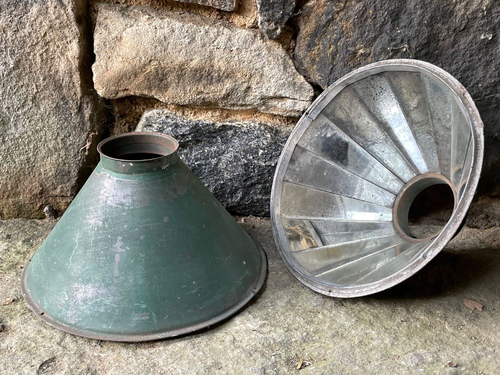 Pair of Green Painted and Mirrored Tin Shades (1 of 4)