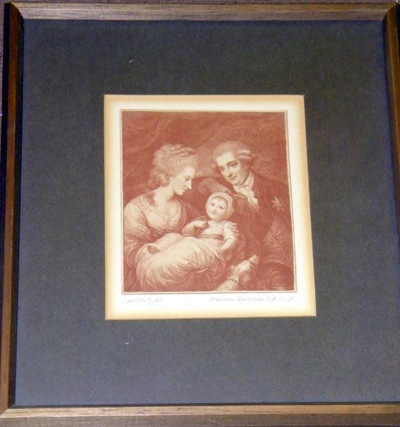 Francesco Bartolozzi, Engraving.: Mother and father with child and dog. Sham Shelly, Del. Image: 5" x 4-1/4".
