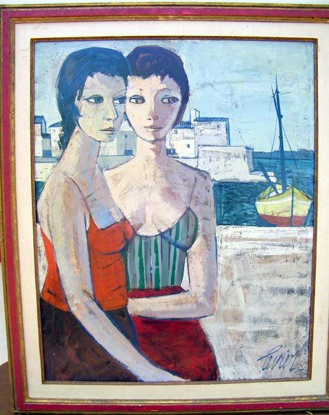 Charles Levier (1920-2004). Oil/Canvas;: Femmes dans un Port. Signed "Levier". 30" x 24".