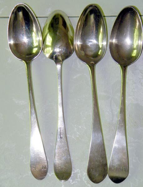 Lot of 4 Coin Silver Bird-back Spoons.: (9-1/4"). John Myers, Philadelphia, c. 1790. 7 ozt total.
