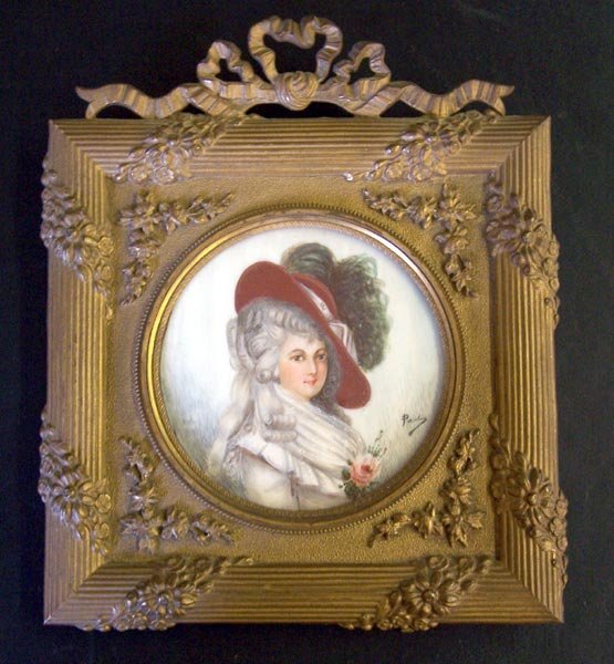 Painting on Porcelain. Signed Paulia.: Portrait of woman in red hat. Signed Paulia. 3-1/4" Diameter.