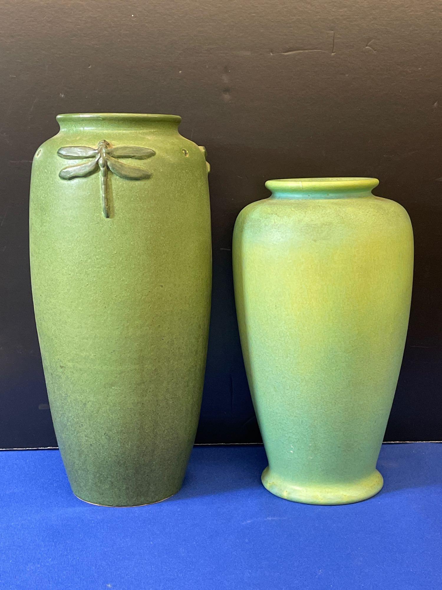 Two Mottled Green Art Pottery Vases (1 of 6)