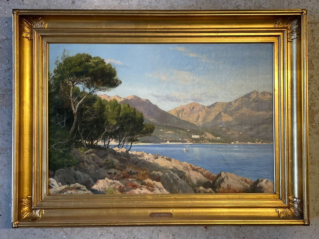 August Fischer. Oil/Canvas, Mentone: August Fischer (Danish, 1854-1921). An oil on canvas harbor landscape. Signed lower left "Aug Fischer - Mentone 94". Gilt framed. Canvas: 16-1/4in x 24-1/4in