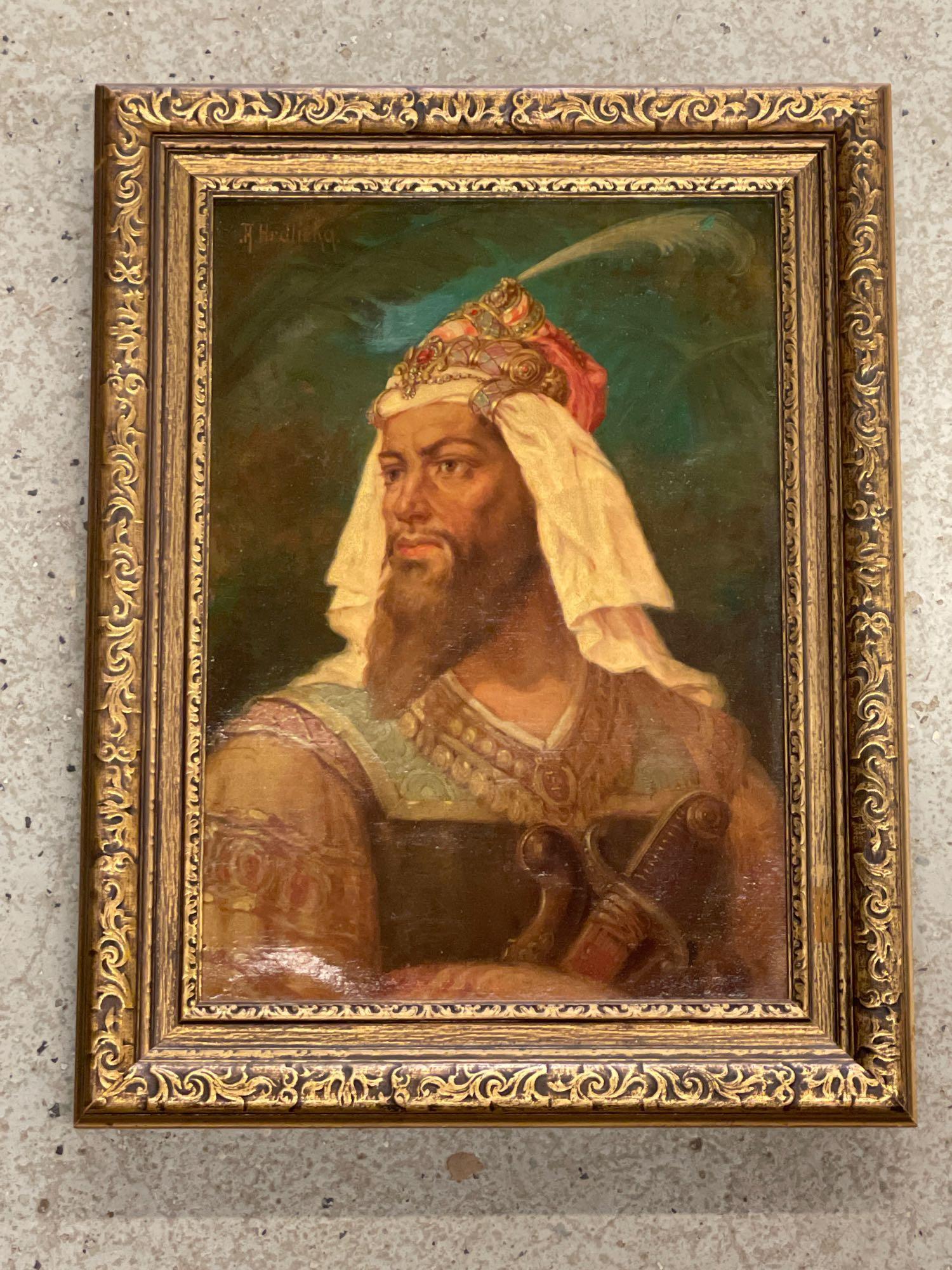 Alois Hrdlicka. Oil/Canvas, Portrait: Alois Hrdlicka (Czech, 1862-?). An oil on canvas portrait of a man with sword. Signed upper right and gilt framed. Canvas: 14in x 10in.