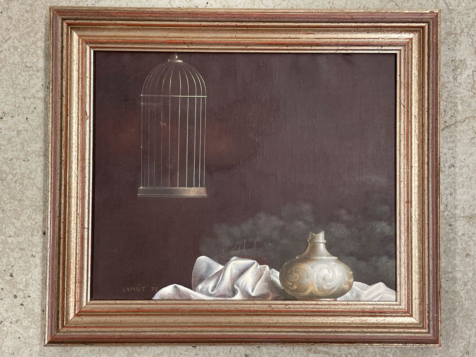 Sonja Lamut. Oil/Canvas, Cage: Sonja Lamut (New York, 1949-). An oil and egg tempera on canvas still life titled "Kavez" or "Cage". Signed lower left and dated 78. Canvas: 13-1/2in x 16-1/4in.