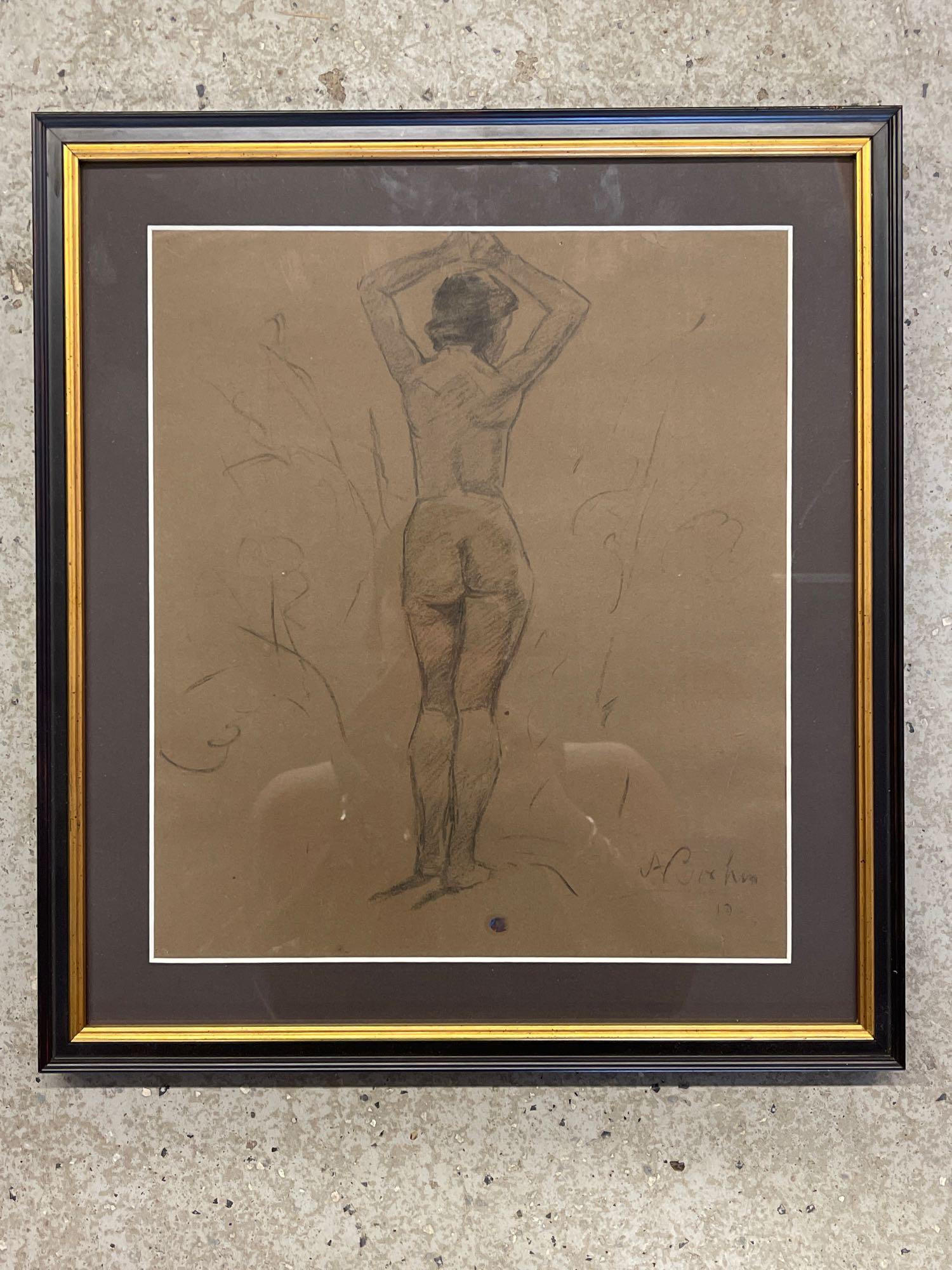 Adolf Boehm. Charcoal, Female Nude: Adolf Boehm (Austrian, 1861-1927). A pencil on paper of a female nude. Signed lower right, framed under glass. Mat opening: 10-1/2in. x 12in.