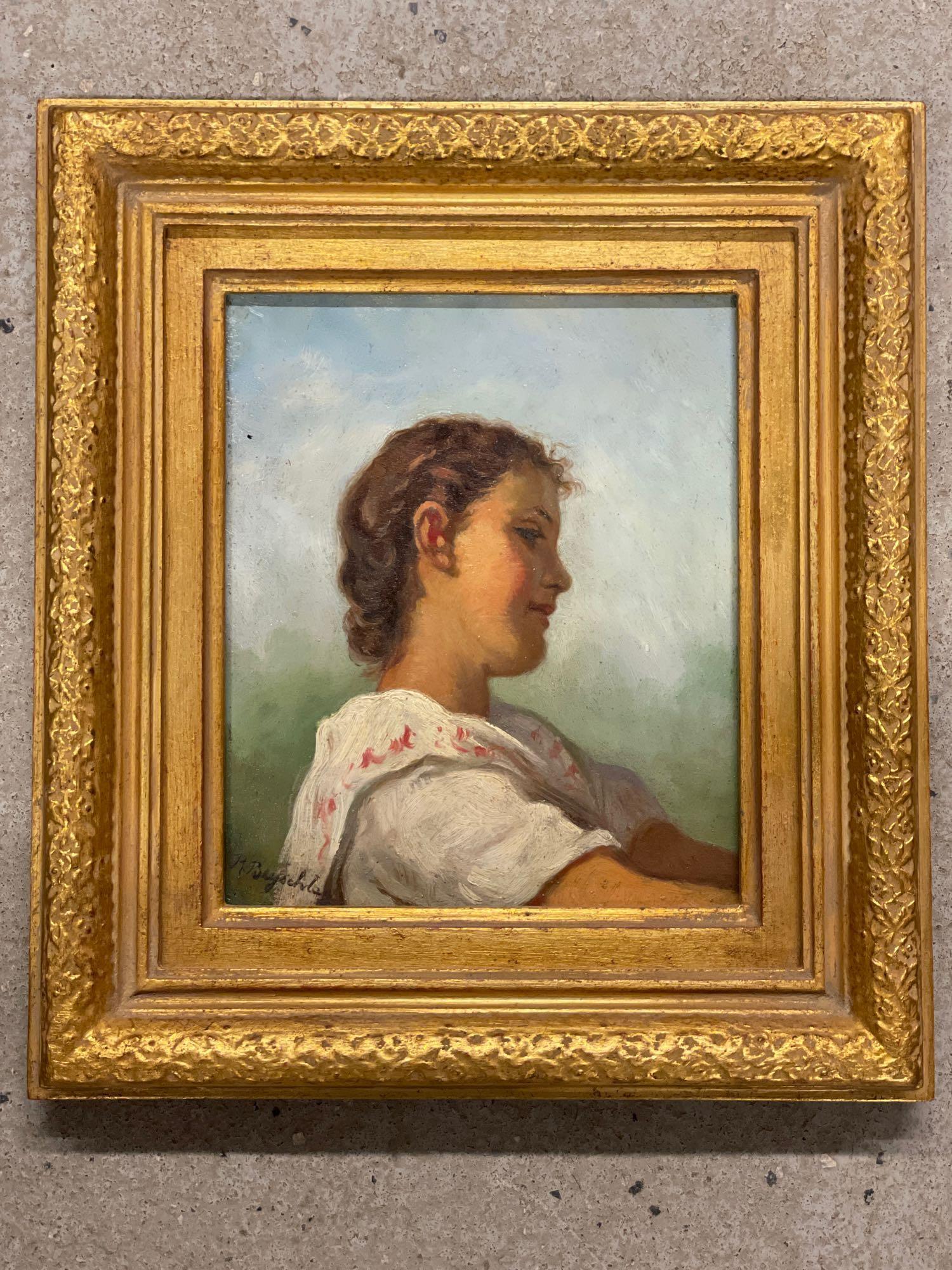 Robert Julius Beyschlag. Oil/Panel, Portrait: Robert Julius Beyschlag (German, 1838-1903). An oil on panel portrait of a girl. Signed lower left and gilt framed. Inside frame: 7-1/2in x 6-1/4in.