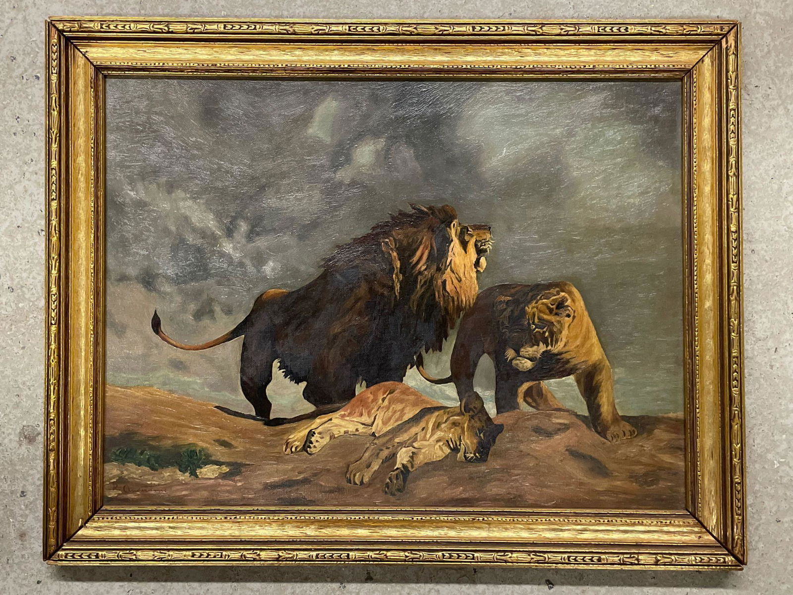 Gilt-Framed Oil/Canvas, Lions (1 of 4)
