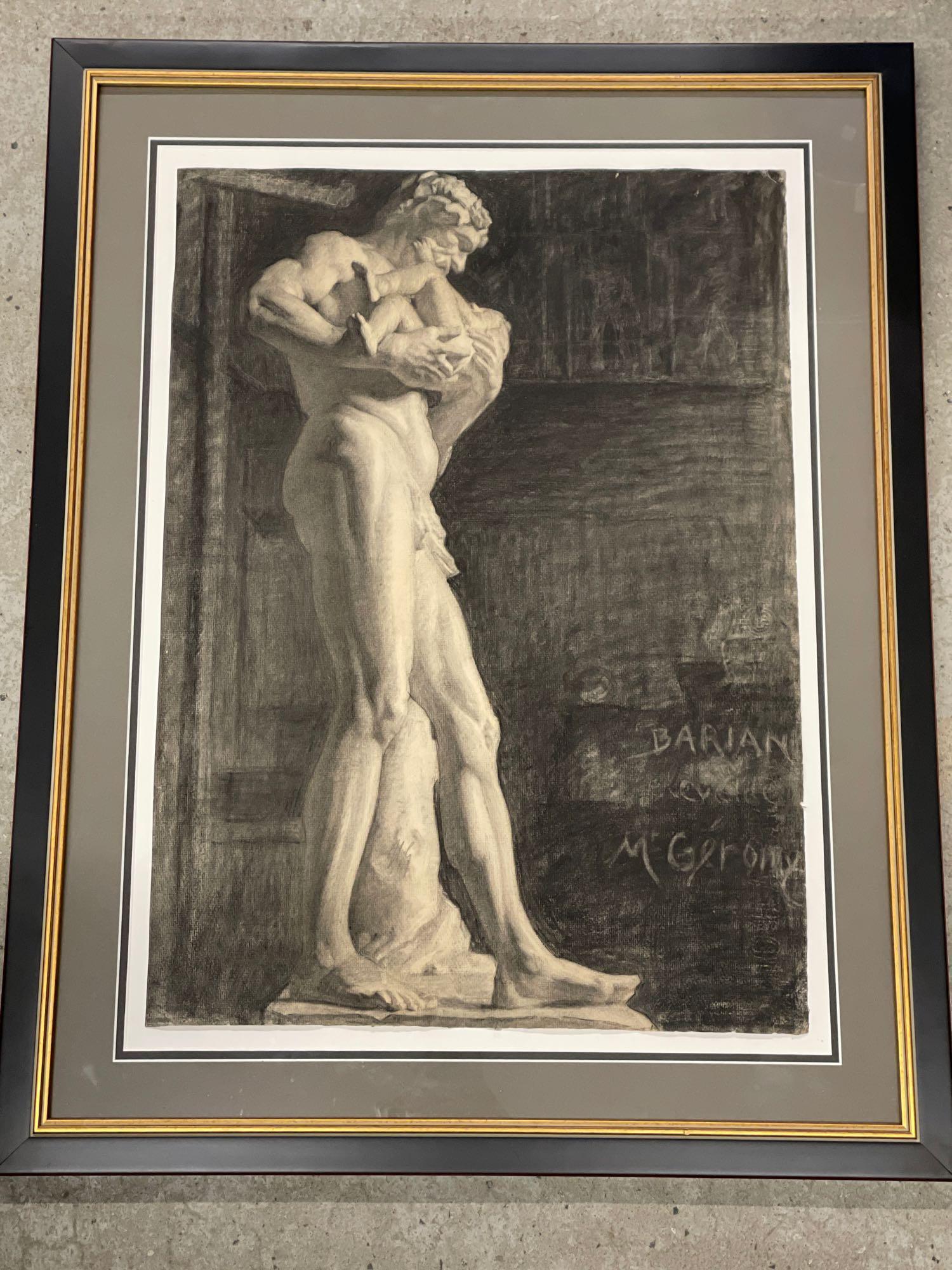 Charcoal/Paper, Academic Study of Sculpture: In the school of Jean Leon Gerome (French, 1824-1904). A charcoal on paper depicting a large marble sculpture of a man holding a baby. Initialed "JLG" and also marked "Barian, eleve de M Gerome". Fram
