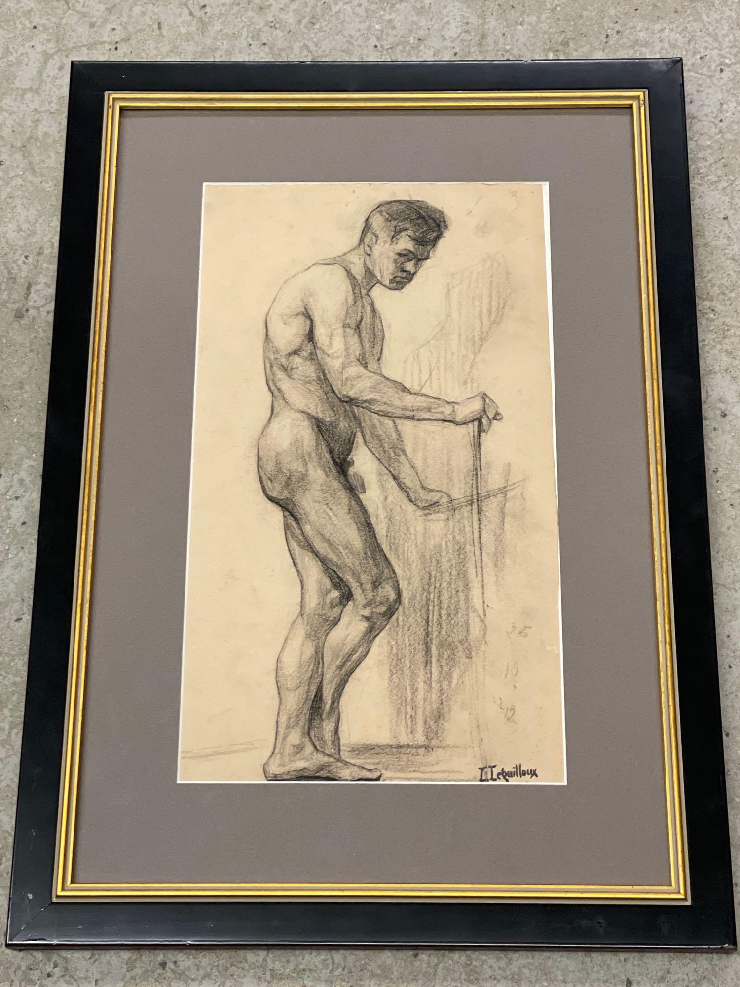 Raphael Leon Leguilloux. Charcoal, Academic Study: Raphael Leon Leguilloux (French, 1871-1938). A charcoal on paper academic study of a standing nude male figure. Signed lower right and framed under glass. Mat opening: 15-3/4in x 9in.