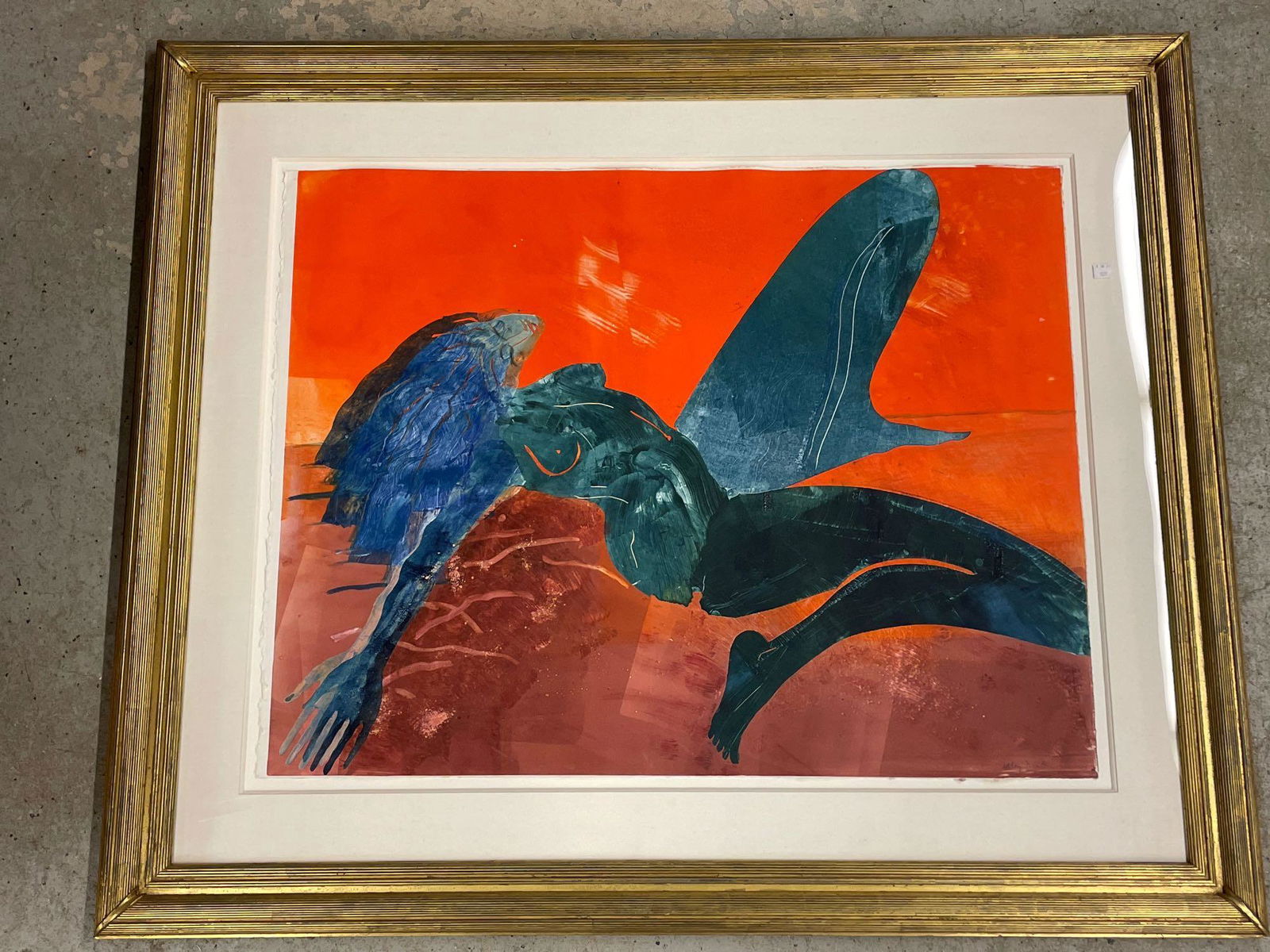 Mary Frank. Monoprint, Reclining Nude: Mary Frank (English, 1933-). A large-format monoprint depicting a reclining nude female form. Signed lower right and in a gilt frame under glass. Sight of sheet: 28in x 36in.