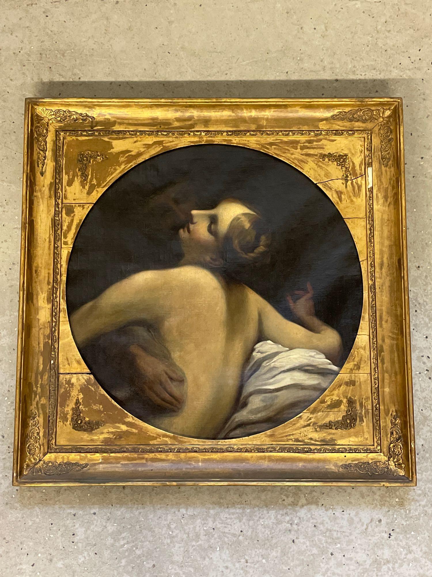 Continental School. Oil/Canvas, Jupiter and Io: A Continental school oil on canvas after a work by Antonio da Correggio, titled "Jupiter and Io" depicting a nude woman and a shadowy male figure in an embrace. Unsigned and gilt framed. Inside frame: