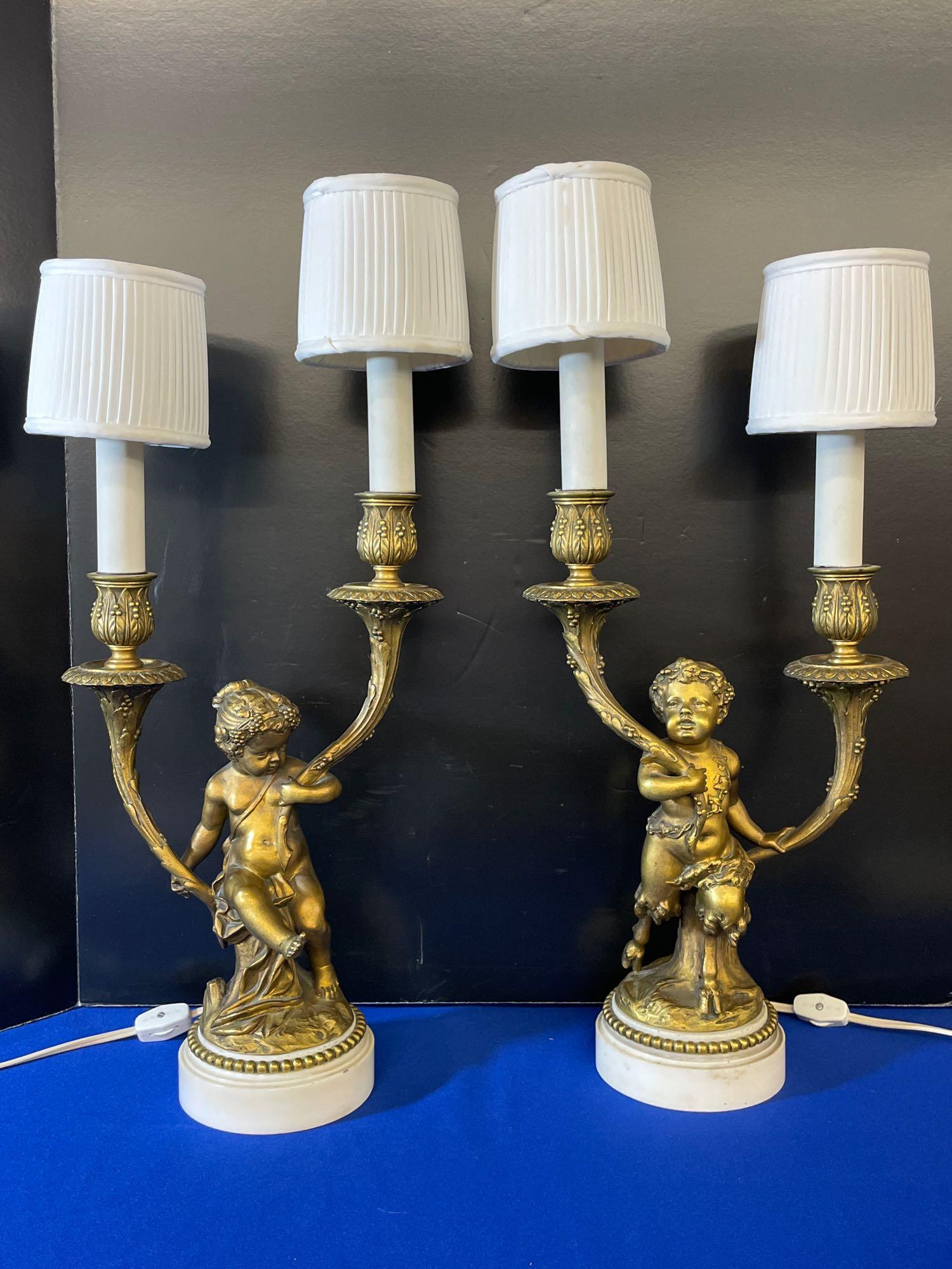 Pr. French Gilt Bronze Cherub Candelabra Lamps (1 of 5)