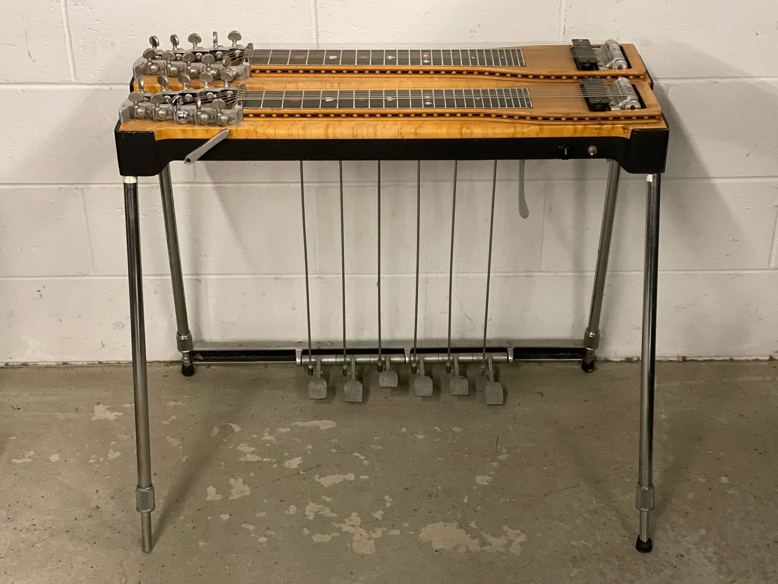 Sho-Bud Six-pedal Double Neck Steel Guitar: A Sho-Bud six-pedal double neck steel guitar, having a birds-eye maple vase and deck of cards motif. With case. Untested.