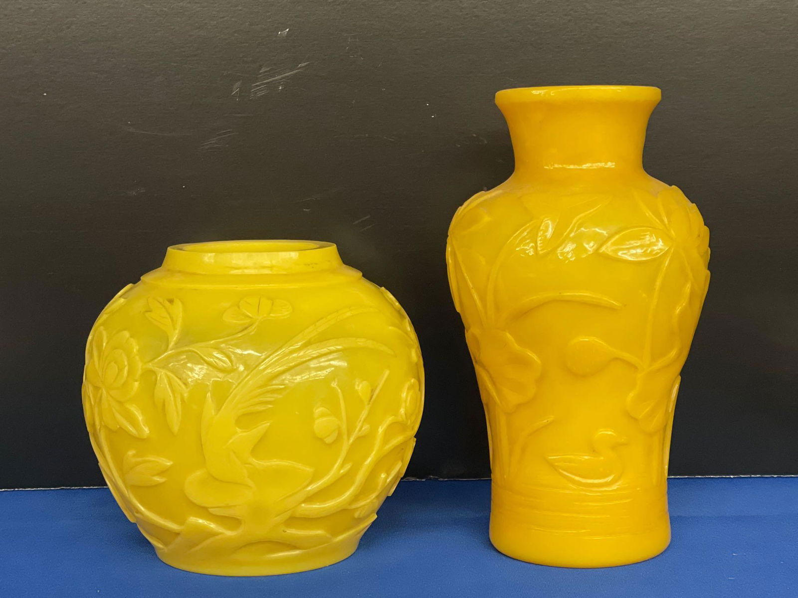 Chinese Peking Glass Vase and Jar: A Chinese yellow carved Peking glass vase and jar. Vase: 8in tall.
