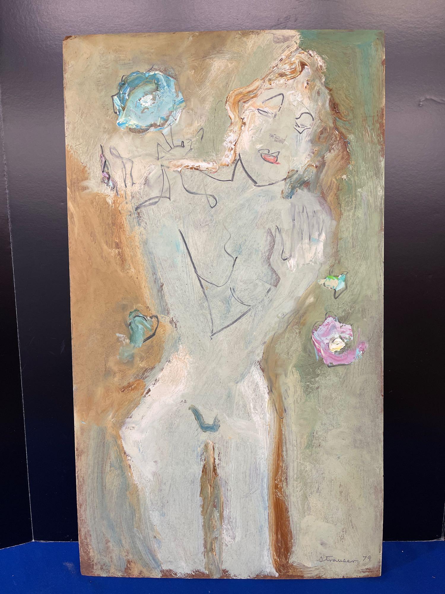 Sterling Strauser. Oil/Masonite, Nude: Sterling Strauser (Pennsylvania, 1907-1995). An oil on masonite nude with flowers. Signed lower right "Strauser 79". 28in tall x 16in wide.